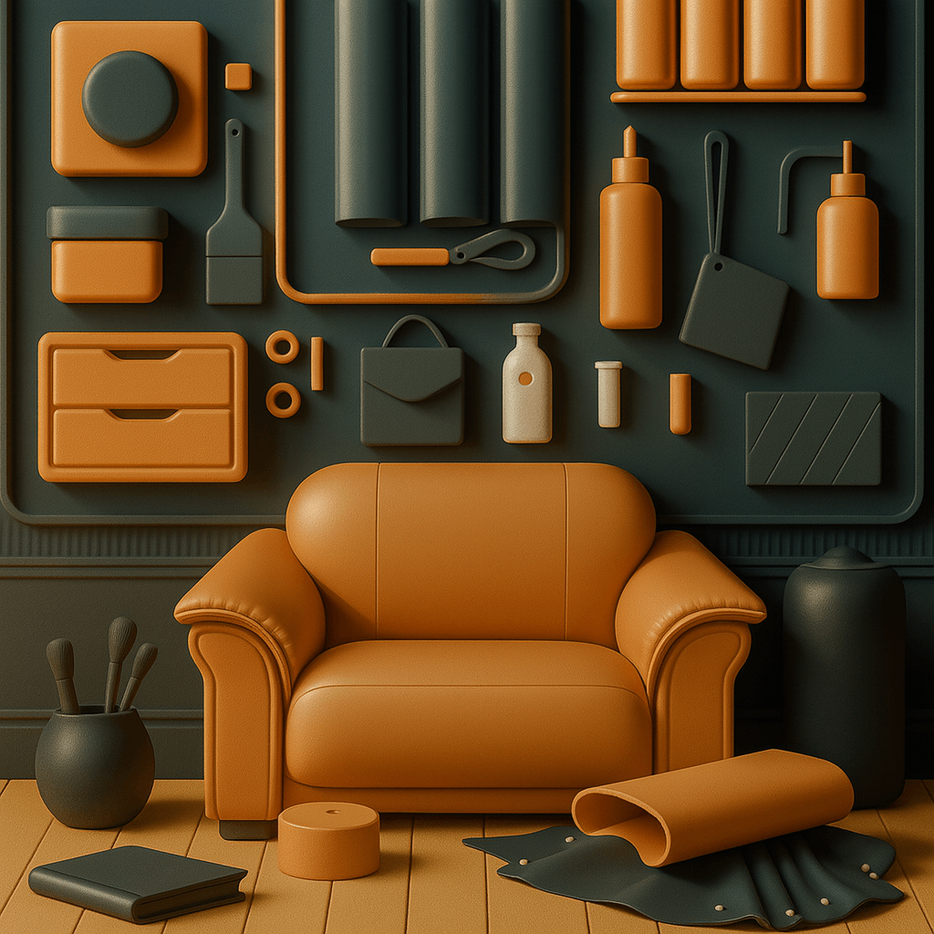 Silicone leather workshop scene featuring a tan armchair, rolled materials, tools, and accessories neatly arranged against a dark wall, captured in a 3D-rendered style.